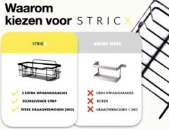 STRICX Doucherek 2 Laags Zwart - Zelfklevend Doucherek Inclusief 3 Ophanghaakjes - Doucherek Voor Badkamer / Keuken - Doucherek Met Plakstrip - Keukenrek Met Plakstrip - Badrek Douche - Kruidenrek Specerijen - Badkamerrek Douchemandje -Badkamerproducten Winkel 1200x920 1