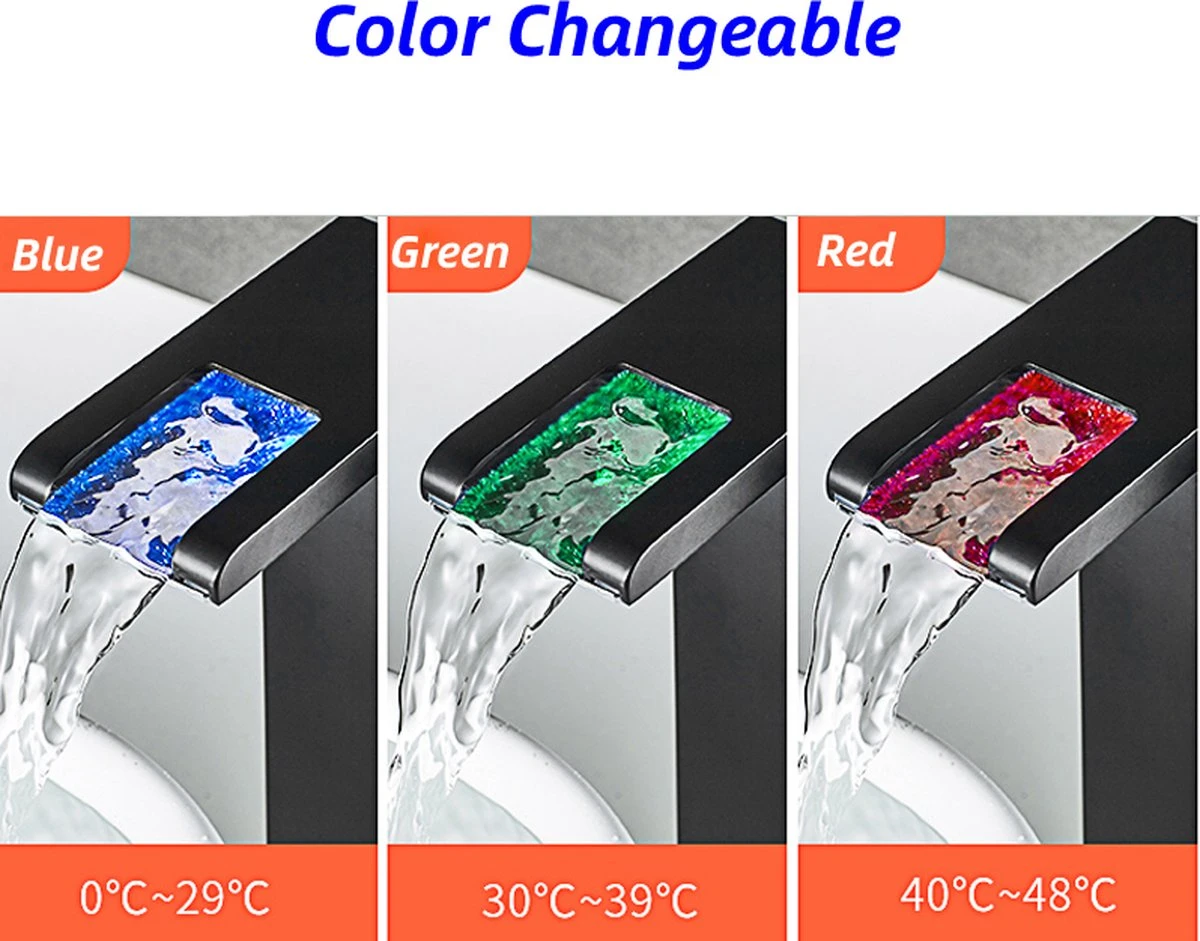 Merkloos Messing - LED Waterval Badkamer Wastafel Kranen Set - Koud Warm Water Mixer - Wastafelkranen - Zwart - 12.5cm Hoogte 5 Merkloos Messing - LED Waterval Badkamer Wastafel Kranen Set - Koud Warm Water Mixer - Wastafelkranen - Zwart - 12.5cm Hoogte - Afbeelding 3