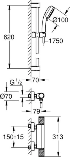 GROHE Grohtherm-1000 Performance Renovatieset - Met Thermostaatkraan, Koppelingen, Glijstang En Hoofddouche - CoolTouch - Chroom -Badkamerproducten Winkel 540x1200