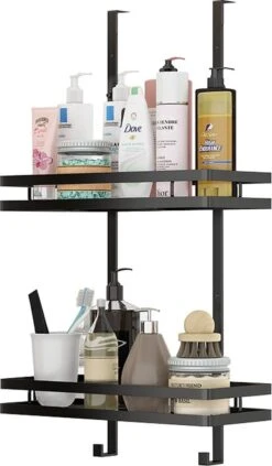 Doucherek Zonder Boren Inclusief Douchewisser - Aan Douchewand - Zwart - Ophangbaar - Zuignap - 2 Laags - Wiper - Shower Rack - Valentijnsdag Cadeau -Badkamerproducten Winkel 701x1200