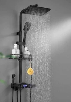 Merkloos Compleet Douchesysteem | ABS Doucheset | Mat Zwarte Hoofddouche En Handdouche | Vierkante Regendouche Voor Badkamer | Verstelbaar | Temperatuur Display | 360° Draaibaar -Badkamerproducten Winkel 833x1200