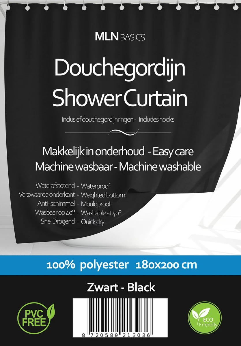 MLN Basics® Douchegordijn | Zwart | 180x200 Cm | Inclusief Ringen | Anti-schimmel 7 MLN Basics® Douchegordijn | Zwart | 180x200 Cm | Inclusief Ringen | Anti-schimmel - Afbeelding 5