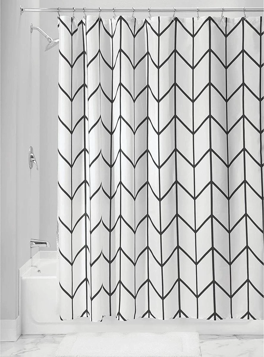 Douchegordijn Badkamer Accessoires - Visgraad - Zwart/Wit- 180x200 Cm 4 Douchegordijn Badkamer Accessoires - Visgraad - Zwart/Wit- 180x200 Cm - Afbeelding 2