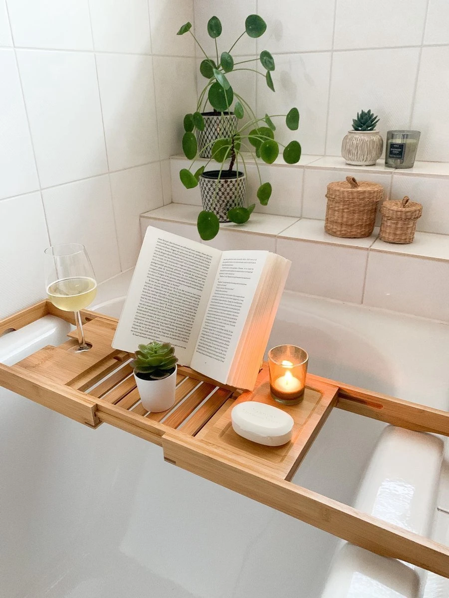 Bamboe Badplank Uitschuifbaar - 70 Tot 105 Cm - Met Boekenhouder 3 Bamboe Badplank Uitschuifbaar - 70 Tot 105 Cm - Met Boekenhouder