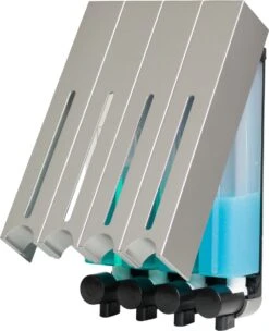 Aquathof, Zeepdispenser, RVS Kleur, 4 Kamer, 4 Reservoirs, 4x500ml, Hangend - Wandmontage -Badkamerproducten Winkel 976x1200